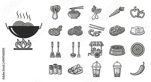 Asian Food Icons Set: Wok, Noodles, Sushi, Vegetables, Meat, Seafood, Drinks