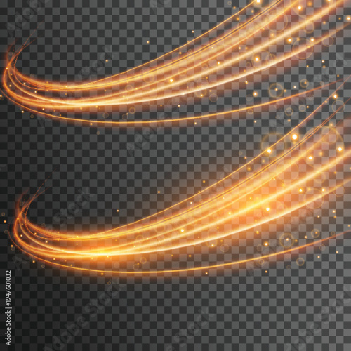 Dynamic golden light streaks and sparkling trails swirling against a transparent backdrop