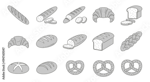 Assorted Baked Goods Collection: Bread, Croissants, Pretzels - Line Art