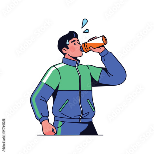 Sweaty man in tracksuit drinks from orange bottle. Sweat drips
