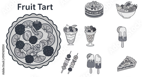 Assorted Fruit Desserts Collection: Tart, Cake, Popsicles, Skewers, and Slice