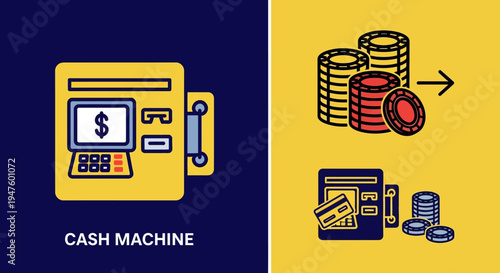 ATM Cash Machine and Money Transaction Financial Icons Set