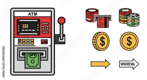 Automated Teller Machine Cash Withdrawal and Financial Transaction Icons