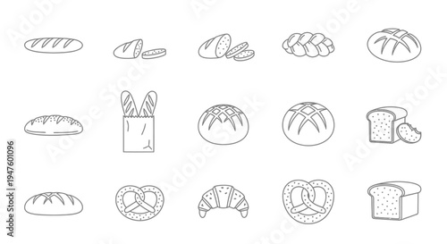 Bakery Icon Set: Assorted Bread and Pastries Line Art Collection