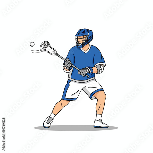 Player in blue and white uniform catching a ball with a lacrosse stick