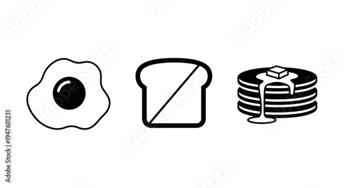 Breakfast icons: fried egg, toast, pancakes with butter and syrup