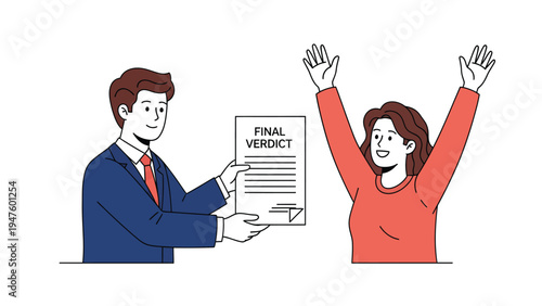 Happy woman celebrates receiving a "Final Verdict" document from a man, symbolizing legal success and triumph.