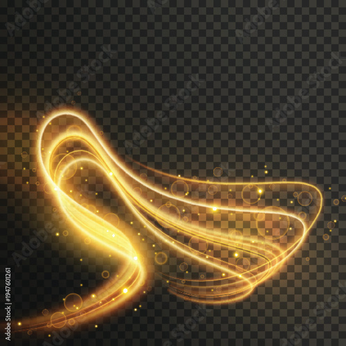Golden light streaks and swirling energy ribbons float against a transparent background