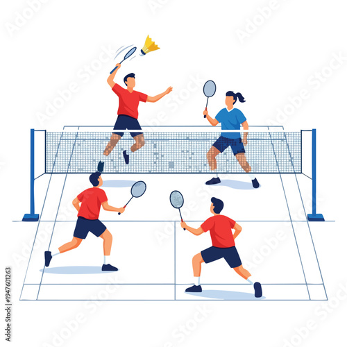 Four cartoon people play badminton on a court, with two on each side of the net
