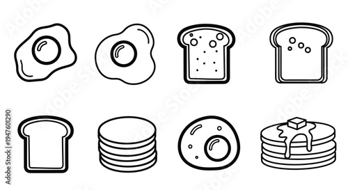 Breakfast Food Icons: Fried Eggs, Toast, Pancakes - Outline Style
