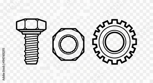 Bolt, Nut, and Washer Line Art Icons on Transparent Background