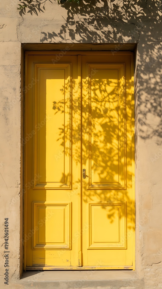 Fototapeta premium Vibrant Yellow Door with Intricate Shadows Cast by Nearby Plants Photo