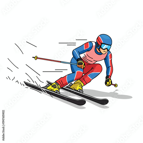 A dynamic illustration of a skier in a colorful racing suit descending a slope