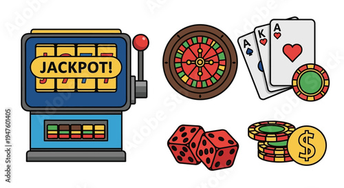 Casino Gambling Games Set with Slot Machine, Roulette, Cards, Chips, and Dice