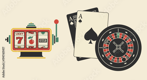 Casino Gambling Games: Slot Machine, Playing Cards, and Roulette Wheel Illustration