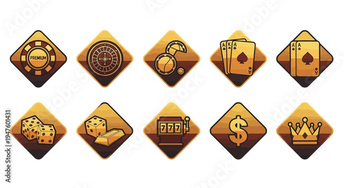 Casino Gambling Icons Set with Poker Chips, Cards, Roulette, Slots, and Dice