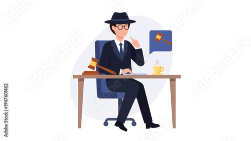 Legal professional in suit and hat with gavel at desk. Justice and law concept illustration, decision making.