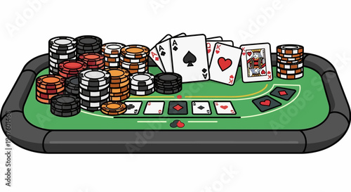 Casino Poker Table Layout with Playing Cards and Stacks of Chips Illustration