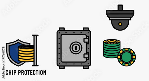 Casino Security and Chip Protection Icons: Gambling Safety and Financial Surveillance