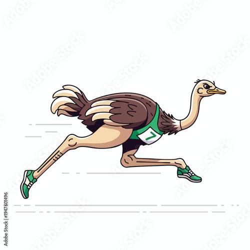 Cartoon ostrich with green running shoes and a bib with number 7, in motion