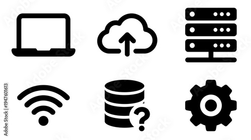 Cloud Computing, Server, Wi-Fi, Database, Laptop, Gear Icons Set