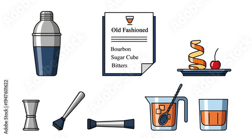 Classic Cocktail Preparation Kit: Bartending Tools and Old Fashioned Drink Recipe Illustration