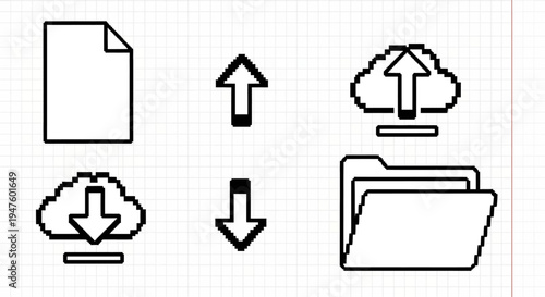 Cloud Data Transfer Icons: Upload, Download, Folder, Document