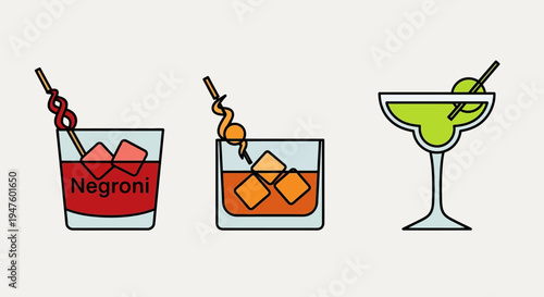 Cocktail Icons: Negroni, Old Fashioned, Margarita on Minimalist Background