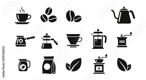 Coffee Icons Set: Beans, Cup, Grinder, Kettle, Brewer, Bag, Leaves