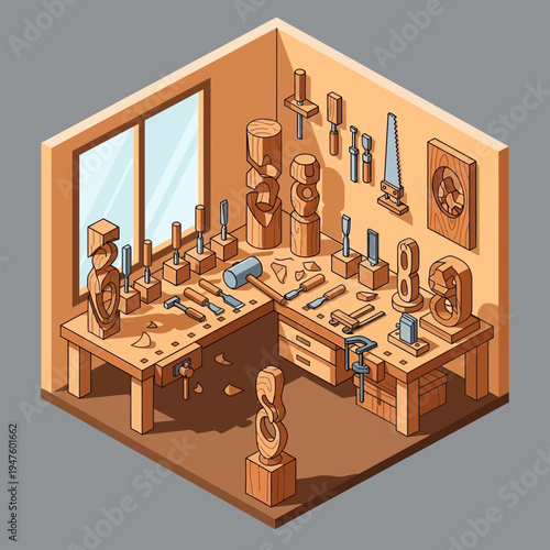 Isometric view of a wood carving workshop with tools and sculptures.
