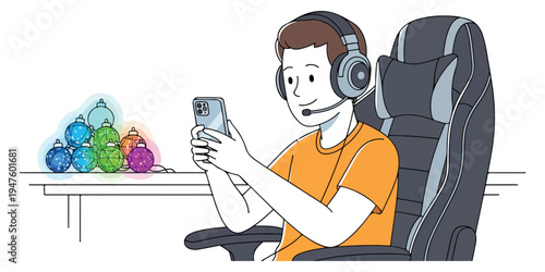 Young Person Enjoying Mobile Gaming with Christmas Decorations in Background