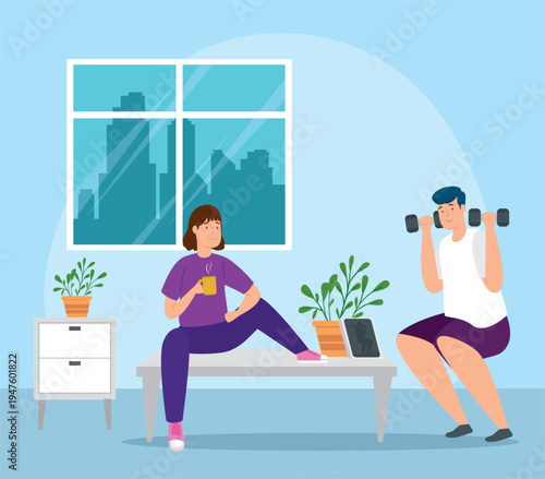 Personal trainer guiding gym session with physical exercises. Individual fitness instructor, sports workout. Professional coach supervision. Fitness training, health exercise