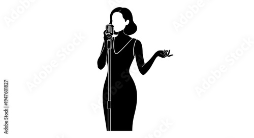 Woman singing into microphone confidently.