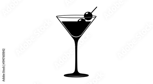 Black cocktail with olive garnish.