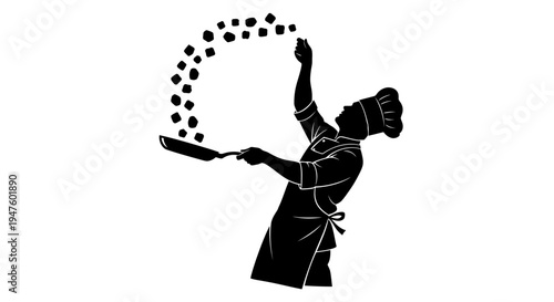 Chef tossing food in pan.