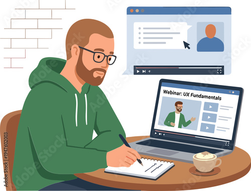 Man attends online webinar on laptop at desk with coffee and notebook