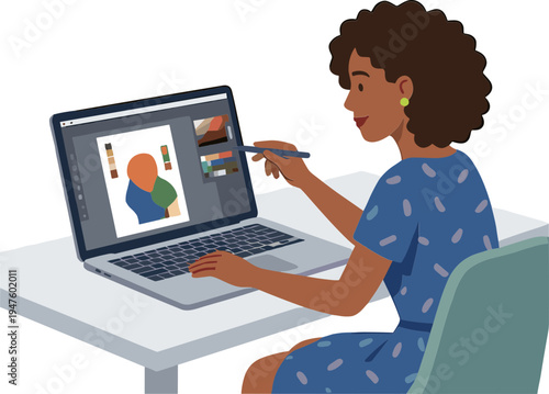Woman sitting at desk uses stylus on laptop screen with illustrations