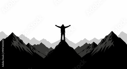 Man standing on mountain peak triumphantly.