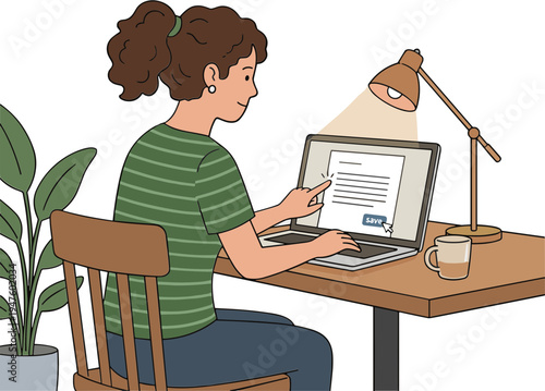 Woman sitting at desk working on laptop with lamp and coffee