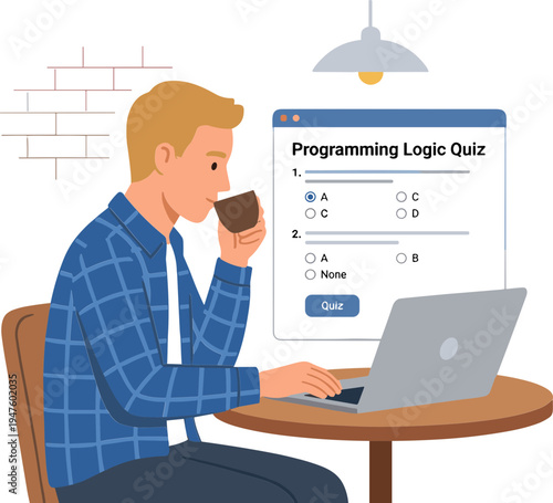 Man takes quiz on laptop while sitting at table with coffee