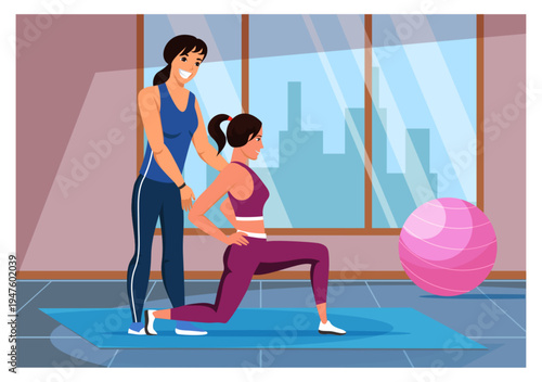 Personal trainer guiding gym session with physical exercises. Individual fitness instructor, sports workout. Professional coach supervision. Fitness training, health exercise