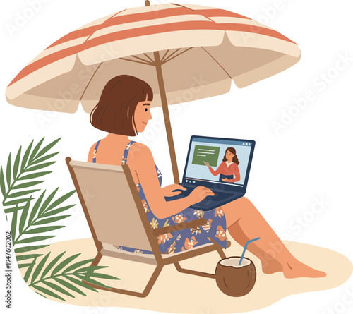 Woman relaxes on beach with laptop under umbrella with tropical leaves