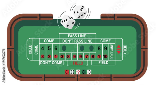 Craps Table with Rolling Dice Illustration for Casino Gambling Game