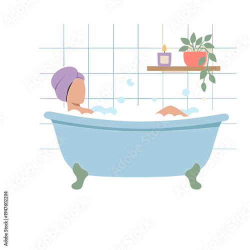 Relaxing woman enjoys warm bubble bath with plant and candle nearby