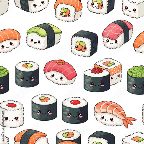 A seamless pattern of adorable kawaii sushi with smiling faces and blushing cheeks