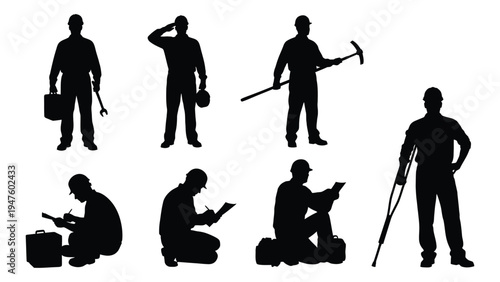 A set of seven silhouettes of a man in various work poses