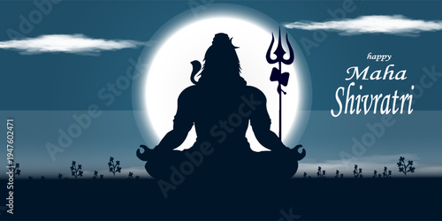 Happy maha Shivratri, a Hindu festival celebrated of lord shiva night. Creative vector illustration design with silhouette of lord shiva and trishul.