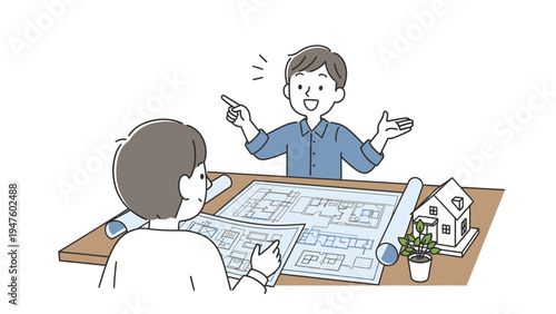 Architectural Design Meeting: Professionals discussing house blueprints and model, planning new home construction.