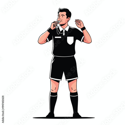 A referee blows a whistle and gestures with his hand during a game