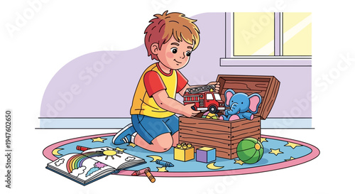 Boy Playing With Toy Treasure Chest.